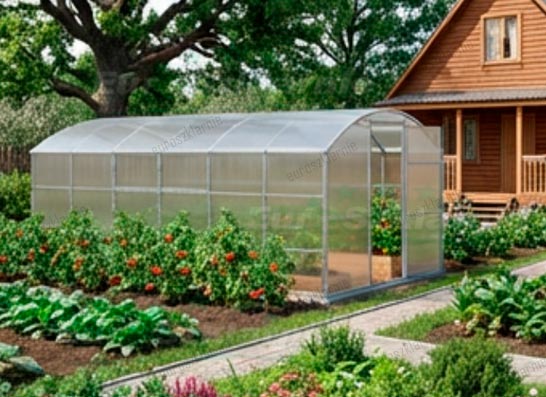 Solidna szklarnia Gera o szerokości 2,5 metra. Konstrukcja metalowa, ocynkowana.